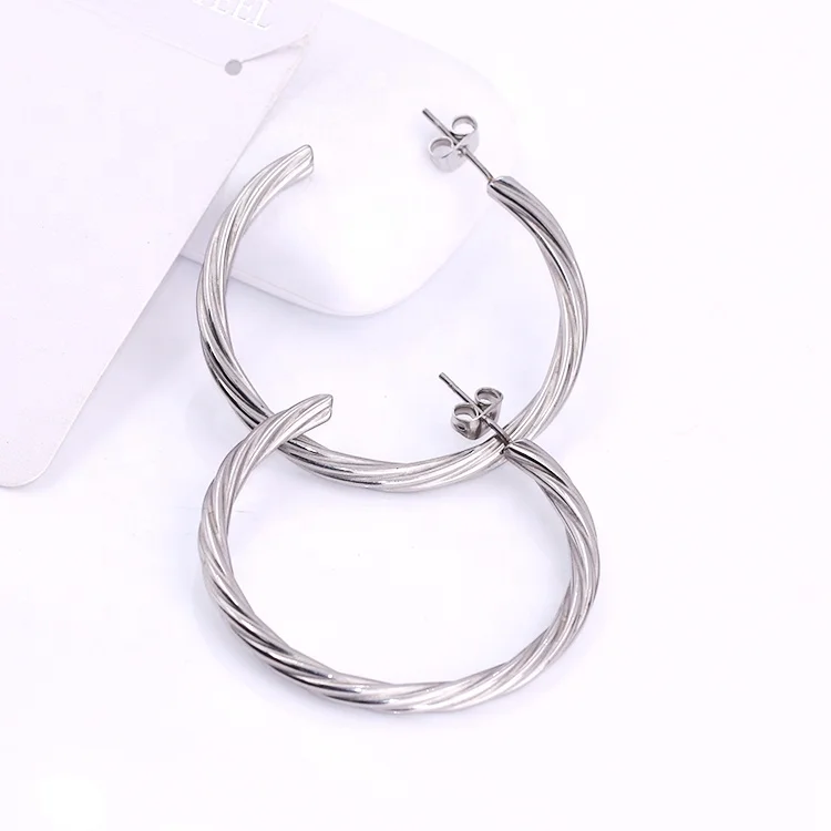 Wholesale Custom Fashion Jewelry Classic Earrings Silver Plated Stainless Steel Twisted Round Hoop Earrings for Women