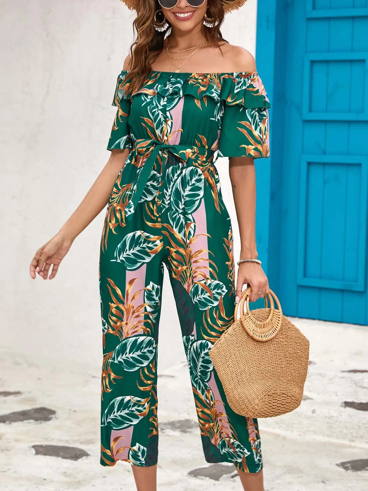 Summer Printed Lotus Edge Europe and America Loose Leisure Beach Holiday Wide Leg Jumpsuit