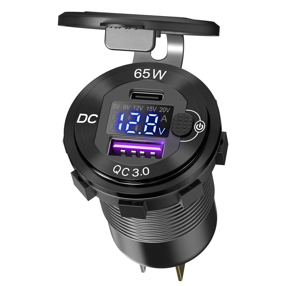 12V 24V Aluminum PD 65W for Laptop USB charger Socket and QC3.0 Multi USB Outlet with Voltmeter Ammeter and button Switch