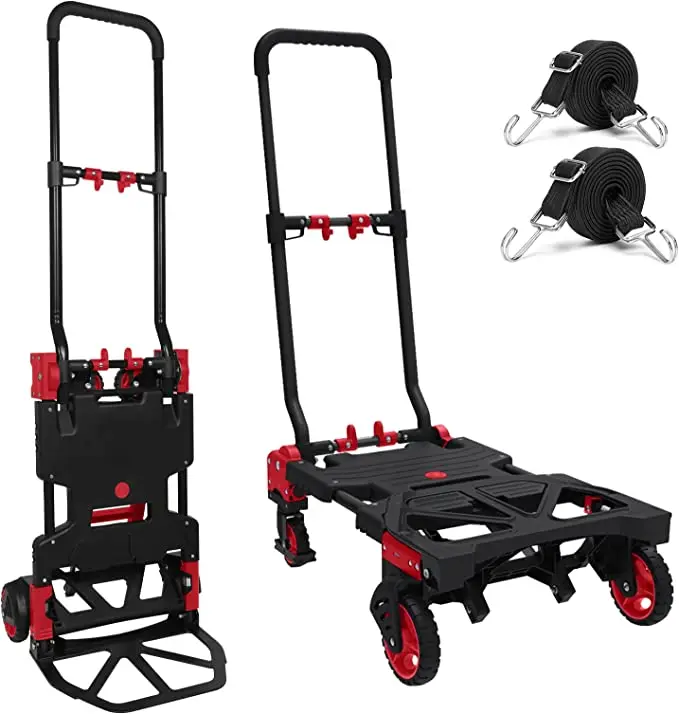 Folding Hand Truck Heavy Duty Dolly Cart with Bungee Rope Convertible Portable 2 in 1 Enclosed Handcart with Retractable Handle