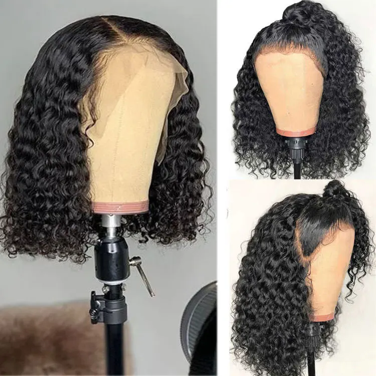  Raw Indian Virgin Human Hair Lace Frontal Wig for Black Women HD Full Front Deep Wave Curly Bob