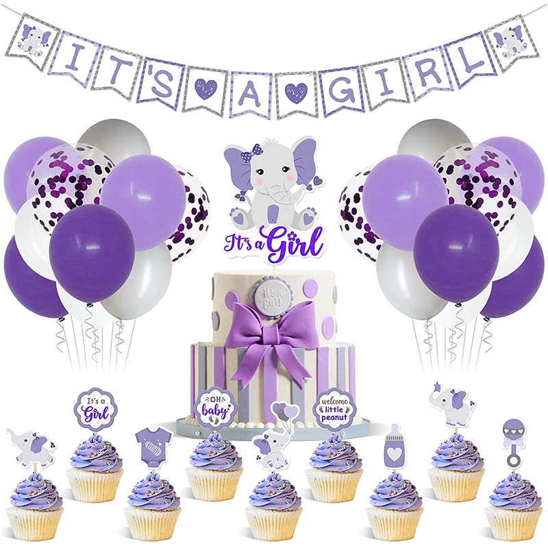 Elephant Baby Shower Decorations for Girl Pink Elephant Its a Girl Banner Cake Topper Cupcake Toppers Latex Balloons Set
