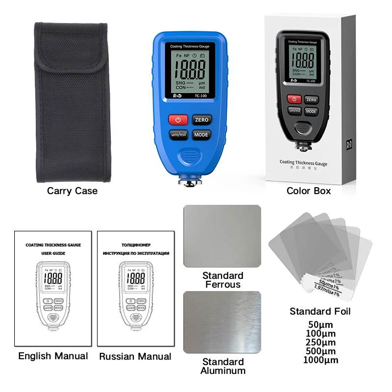 R&D TC100 Car Paint Tool Coating Thickness Gauge for Car 0-1300 Car Paint Film Thickness Tester Measuring Auto FE/NFE Blue