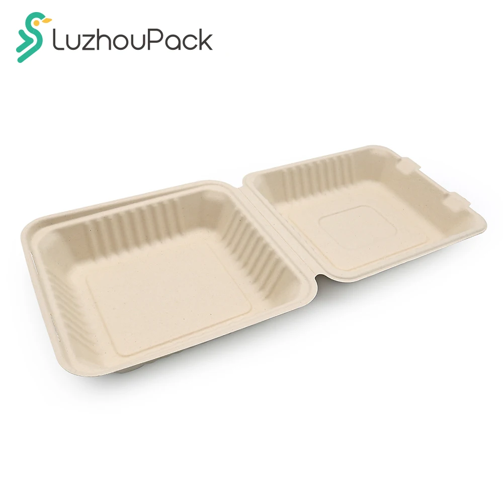 Luzhou Pack Bagasse Takeout Clamshell Biodegradable Eco Friendly Take Out to Go Food Containers(8x8)