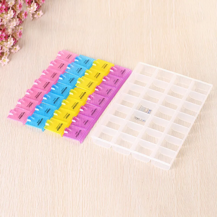 Large-capacity 4-row 28-grid colorful plastic medicine box pill box travel portable household for bead pearl jewel tablet