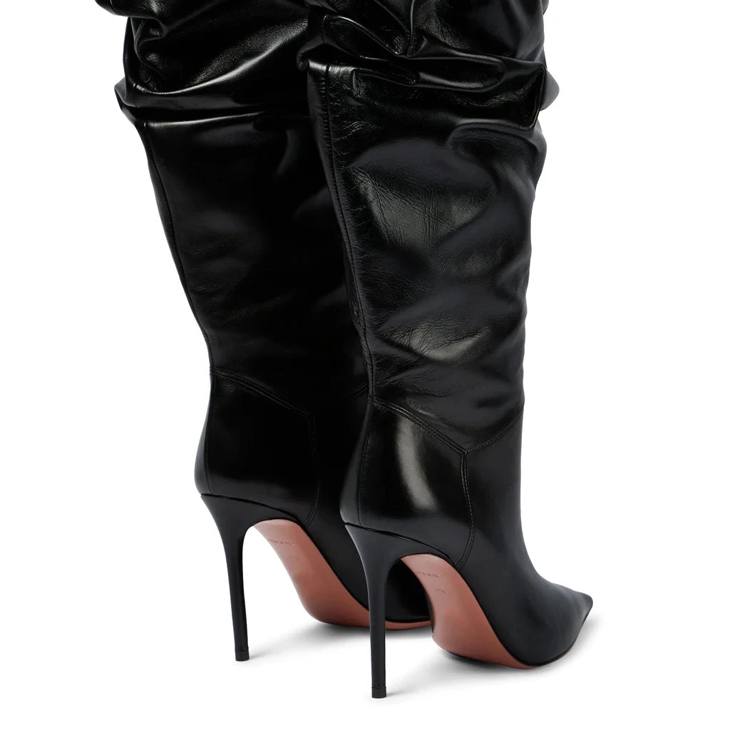 Factory Custom Luxury Womens Black Faux Leather Pleated Thigh High Over-the-Knee Pointed Toe High Heels Stiletto Boots