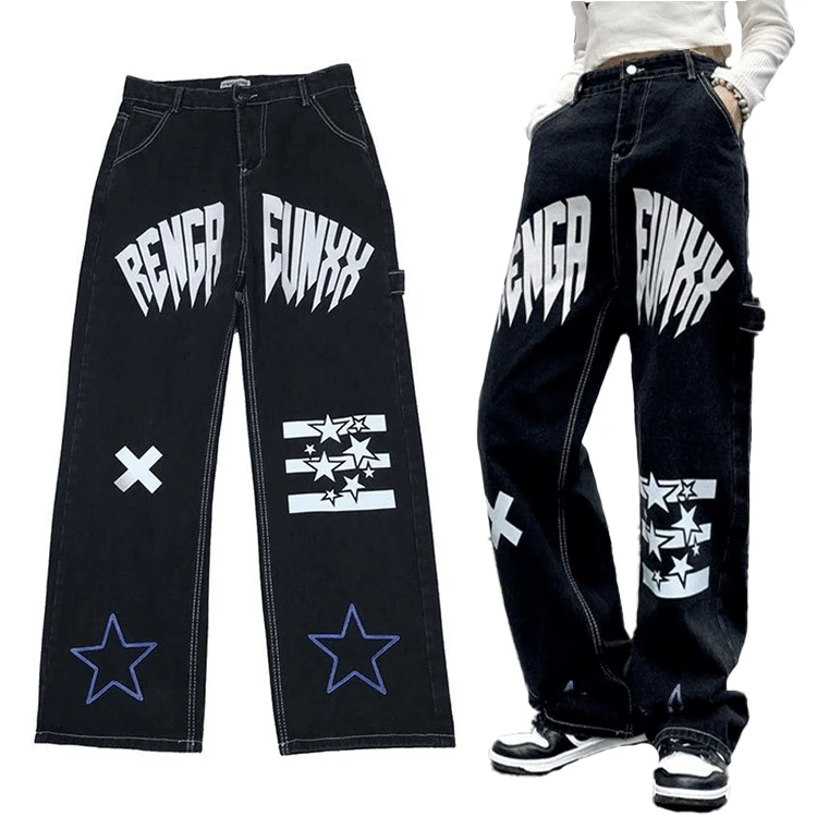 Custom Logo Print High Waist Jeans Vintage Streetwear Hip Hop Black Baggy Jeans Women Fashion Straight Wide Leg Jeans