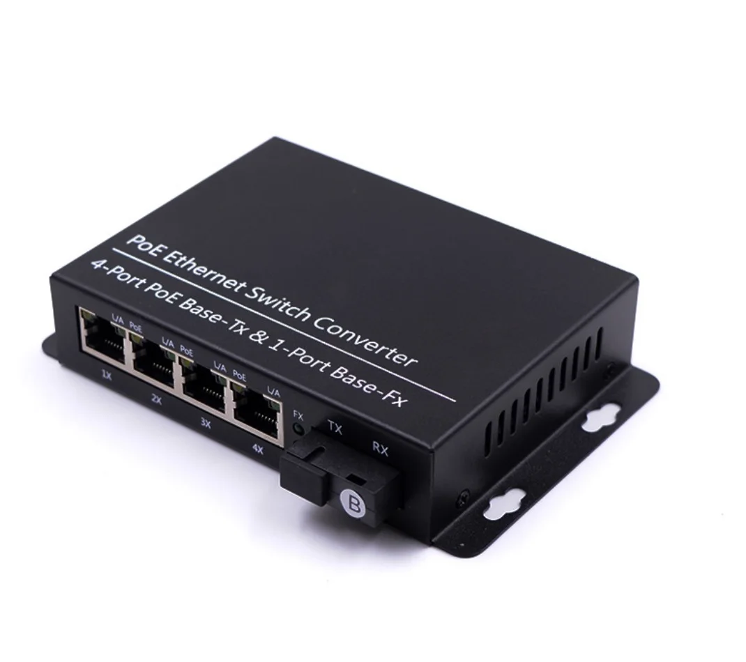 10/100/Mbps 1 fiber port SC + 4  RJ-45 port  POE media converter