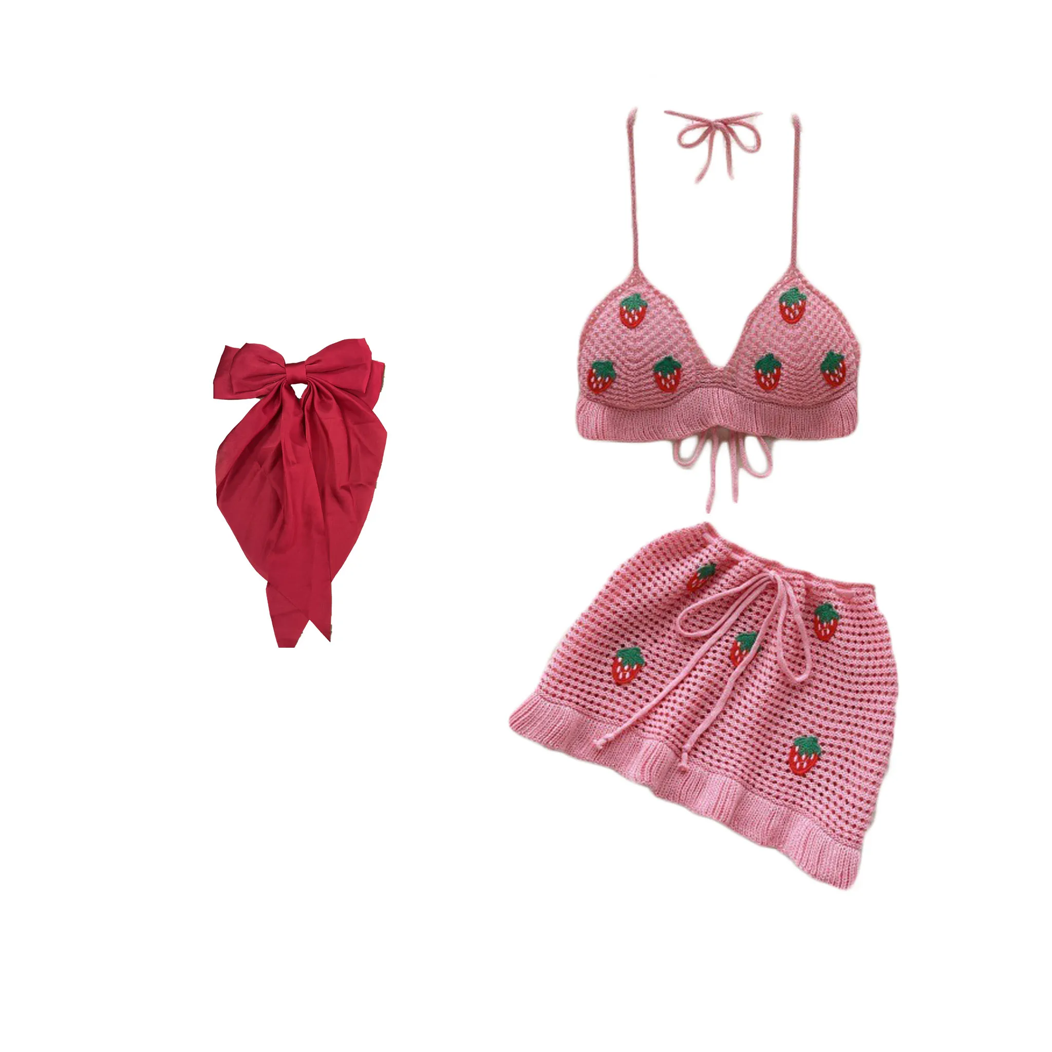 Cute Women Beach Knitted Halter Backless + Mini Skirt + Hair Bow Fashion  Strawberry Beach 3 piece Skirt Set