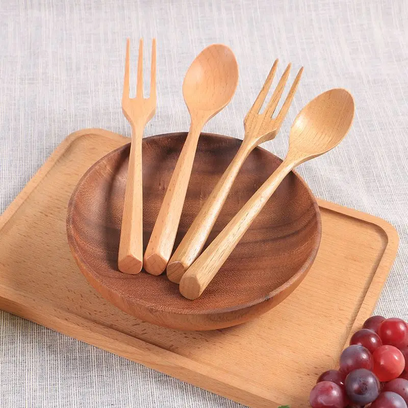 High Quality 100% Natural Wood Fork And Spoon Set Dessert Spoon Fruit Fork Wooden Cutlery Set