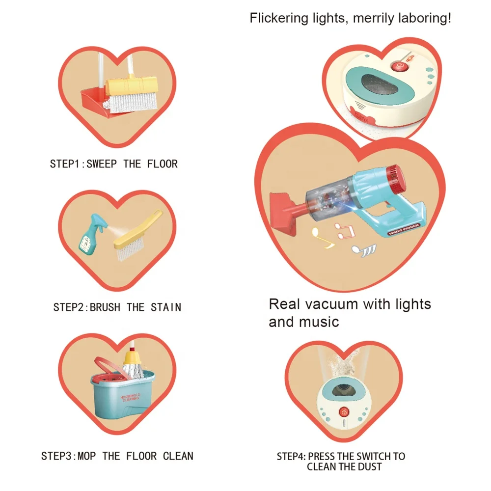 Simulation kids indoor pretend play toy household cleaning sweep tools set electric vacuum cleaner sweeper toy with light music