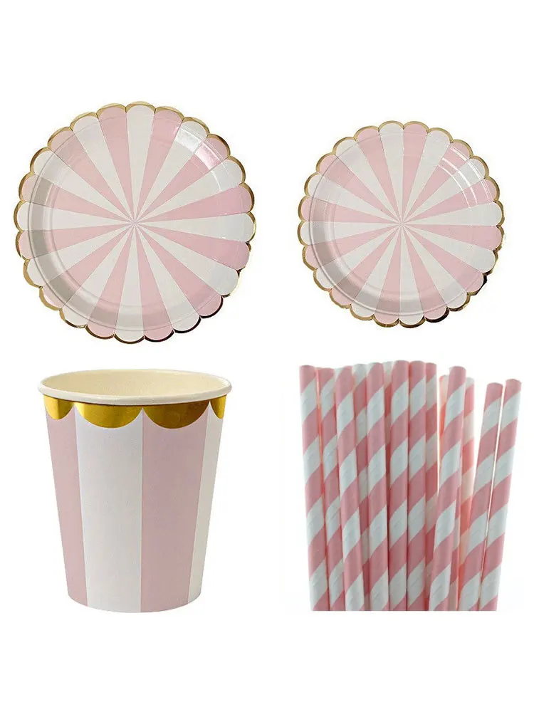 New hot stamping disc striped paper plate set high-end disposable tableware paper cup afternoon tea cake saucer