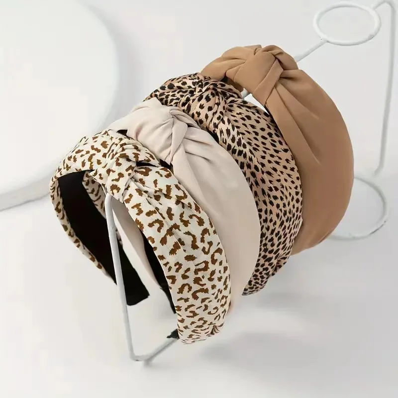 Korean Headband Hair Accessories Solid Color Fabric Knotted Headdress Retro Leopard Print Wide Brim Outgoing Hair Band For Girls
