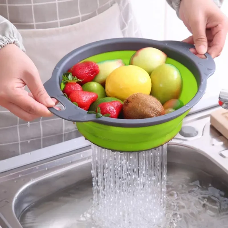 Silicone Folding Drain Basket Creative Retractable Silicone Fruit Vegetable Basket For Kitchen Tool