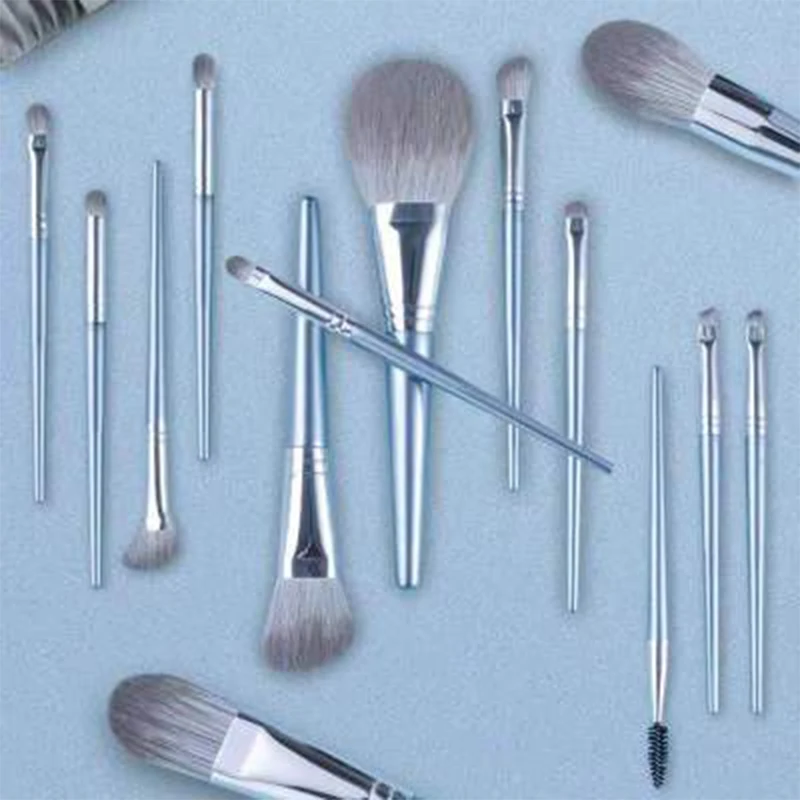 HXT-053 14pcs premium fluffy vegan hair silver makeup brushes set private label professional