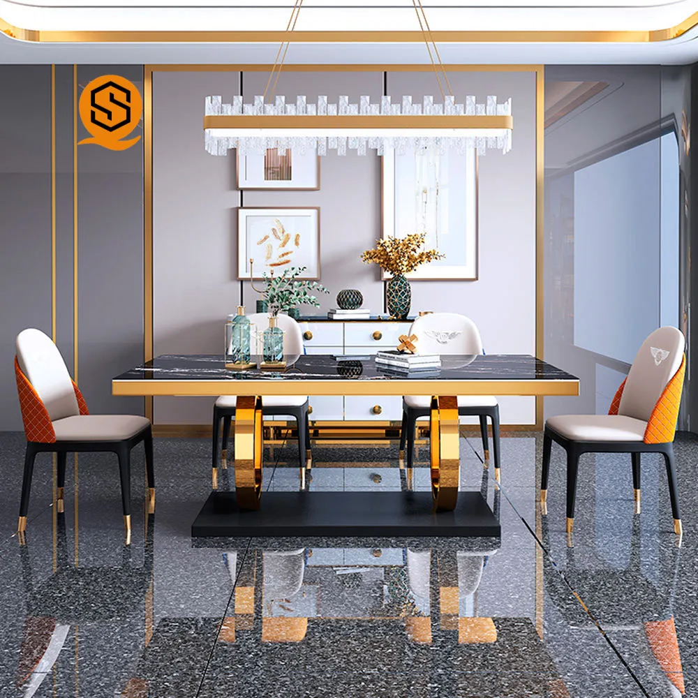 Morden luxury furniture marble stainless steels Kitchen Table Chair full set Extendable Home Use Restaurant Dining table