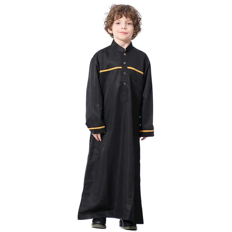Hot sale boys stand collar contrasting robe muslim men thobes kids clothes