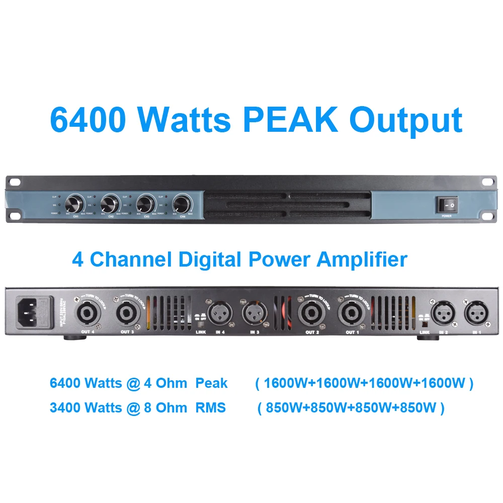 D-Class 6400 Watts Speaker AMP 4 Channel Digital Power Amplifier MiCWL D8400 4X850W