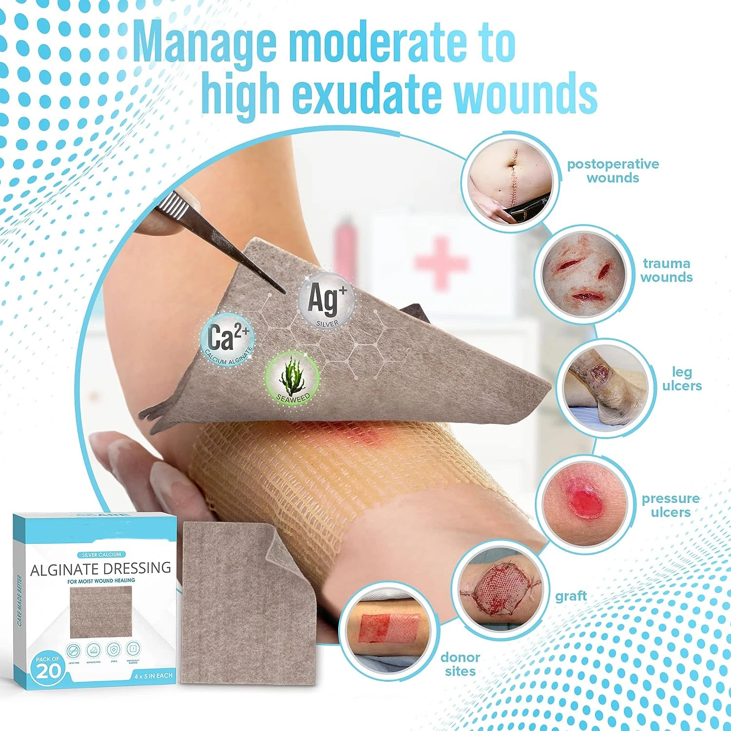 Ag Calcium Alginate Wound Dressing Pads Individual Pack Highly Absorbent Dressing