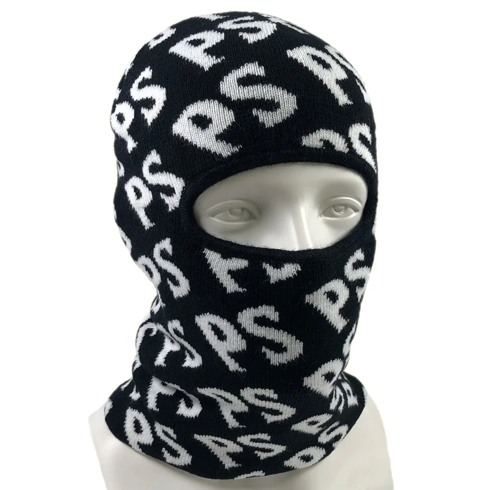 OEM adult jacquard embroidered all over print outdoors face cover ps black knitted beanie custom one hole balaclava ski mask