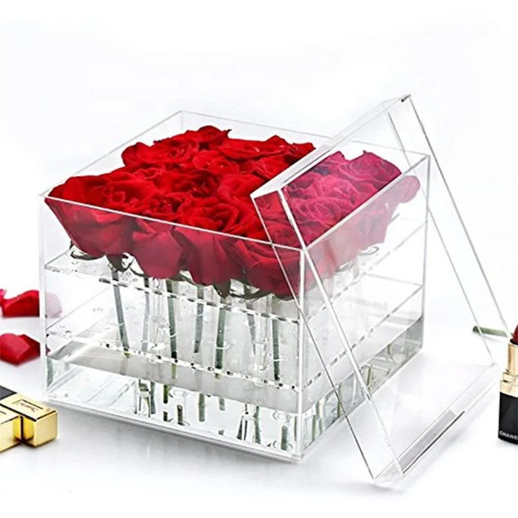 Wholesale Large Bouquet Square Custom Artificial Clear Plexi Fashion Eternal Luxury Acryl Gift Preserved Acrylic Flower Rose Box