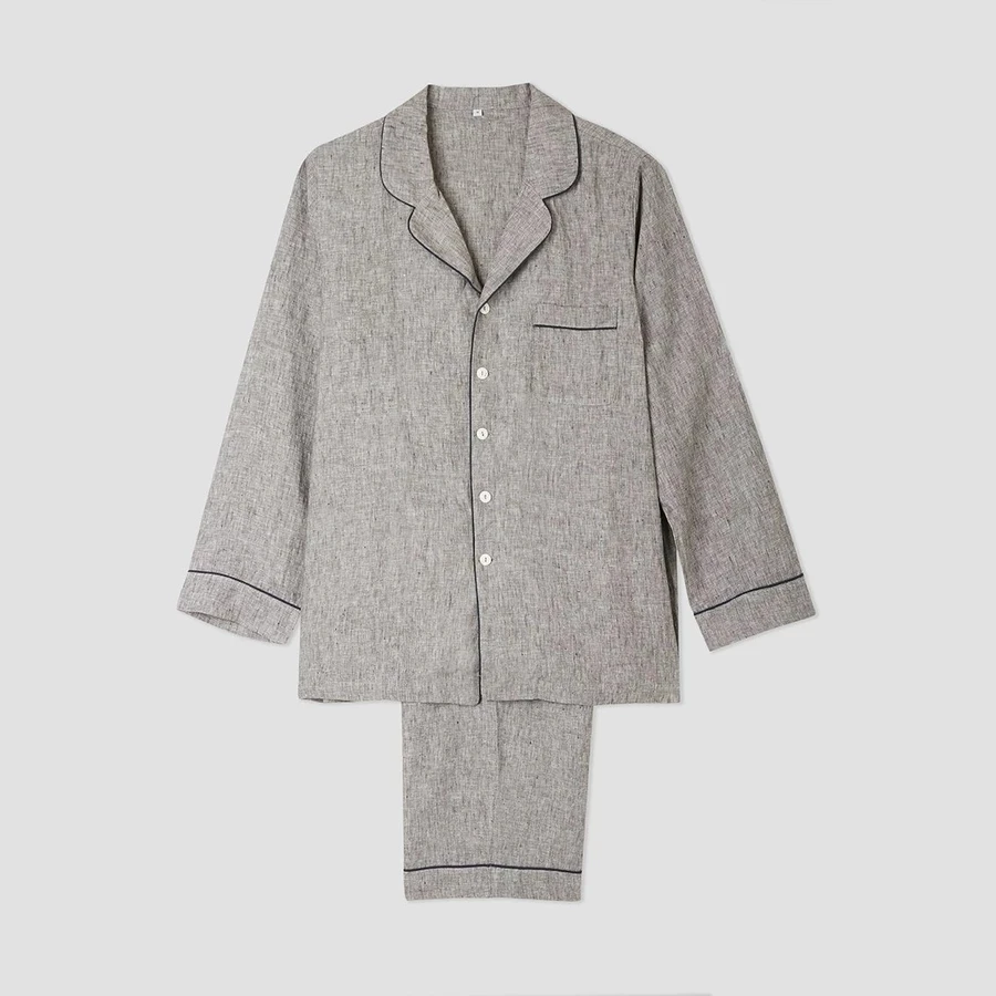 Organic France 100% Linen  pyjamaClassic Design unisex men women Sleepwear Set with piping for family pajama gift sets