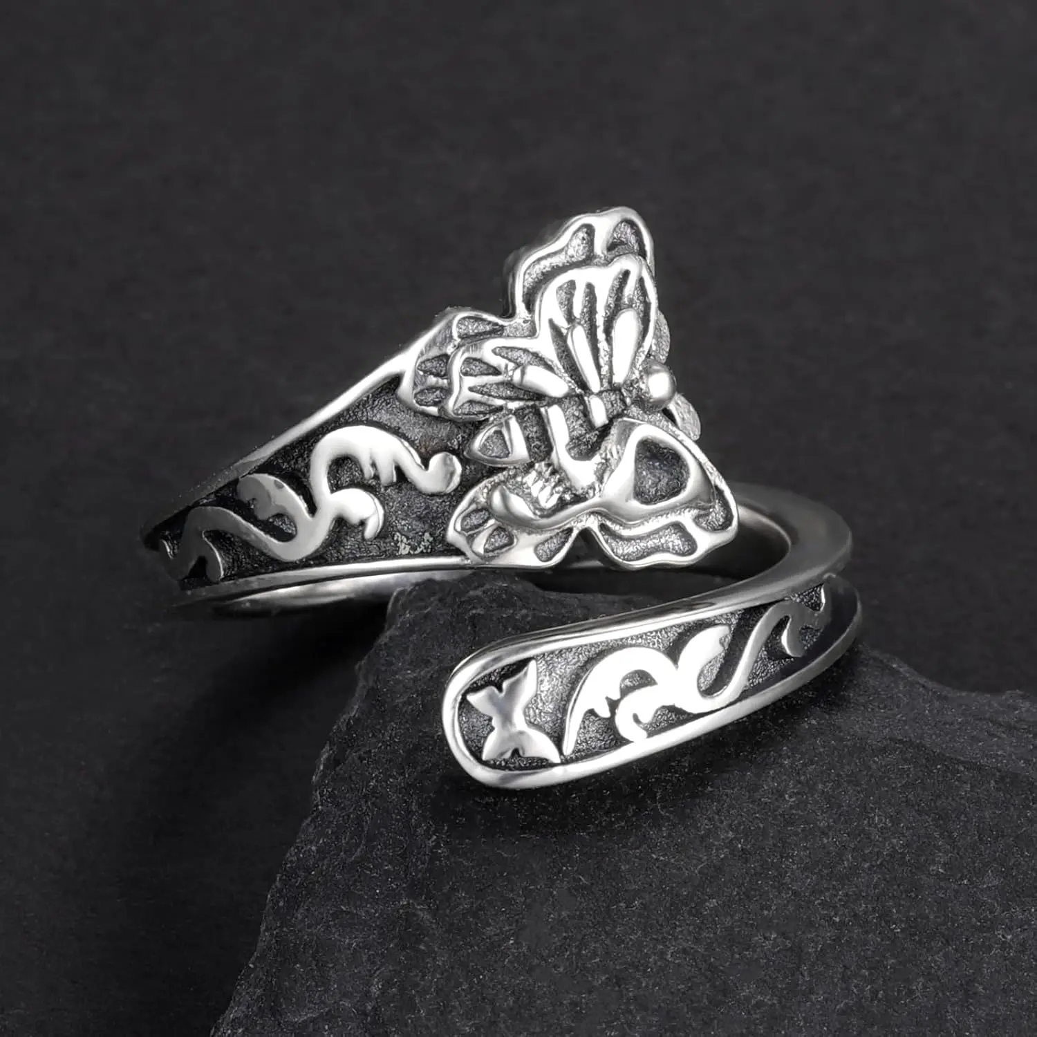 925 Sterling Silver Skull Spoon Ring Gothic Skull Adjustable Rings Statement Butterfly Ring for Women Girl