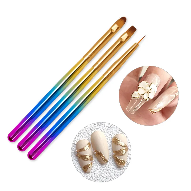 Neiss Provide Label Professional Nail Brush Set 3Pcs Pink Acrylic Handle Nylon air Brush Machine for Nails