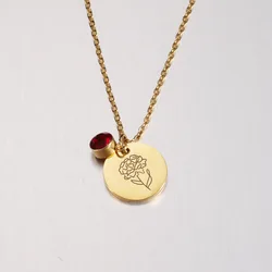 Customized Name Stainless Steel Birth Flower Pendant Necklace 18K Gold Plating 12 Birth Stones Flower Coins Charm Necklace