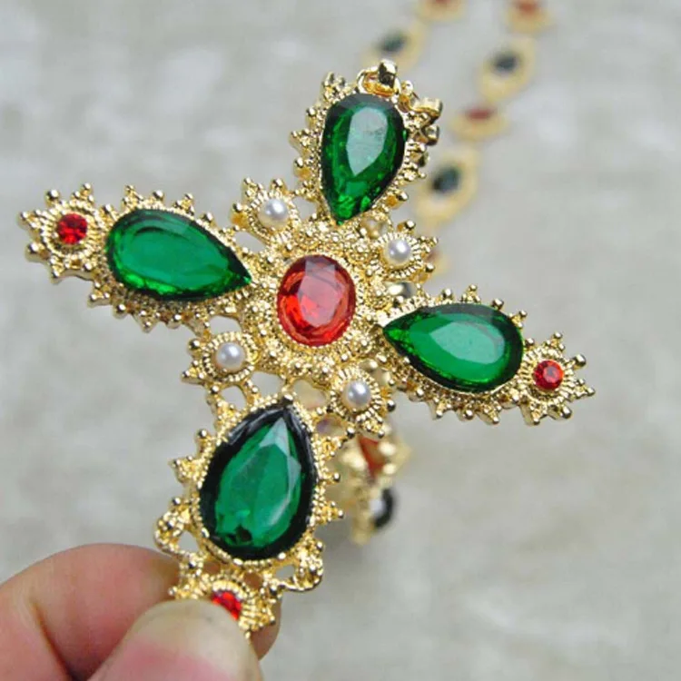 Medieval European Retro Style Noble Woman Gold Plated Ruby Emerald Colorful Gemstone Baroque Luxury Cross Pendant Necklace