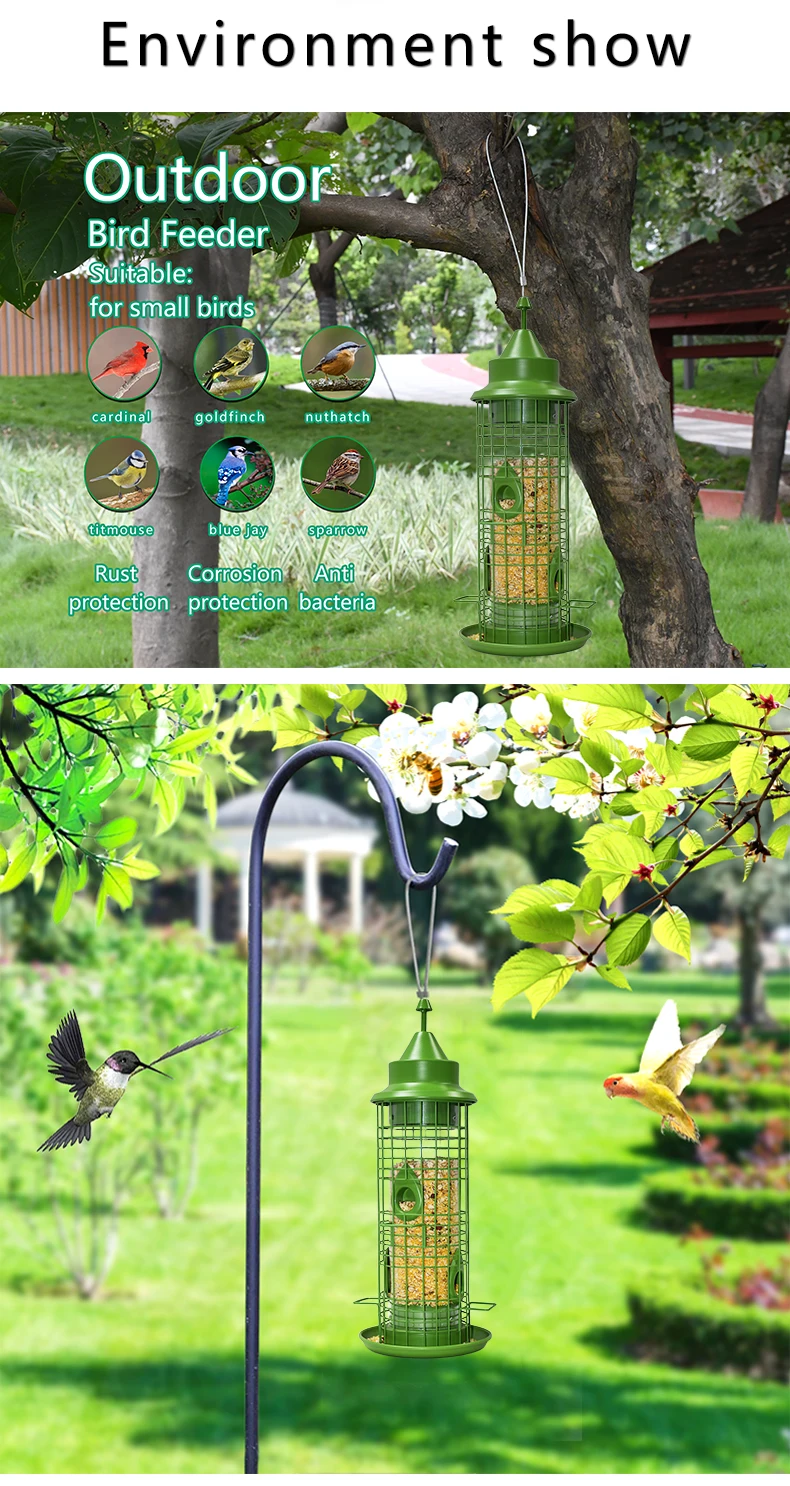 Outdoor Garden Backyard Hanging Decoration Metal Wire Cage Squirrel Proof wild Bird Feeder With Four Feeding Ports