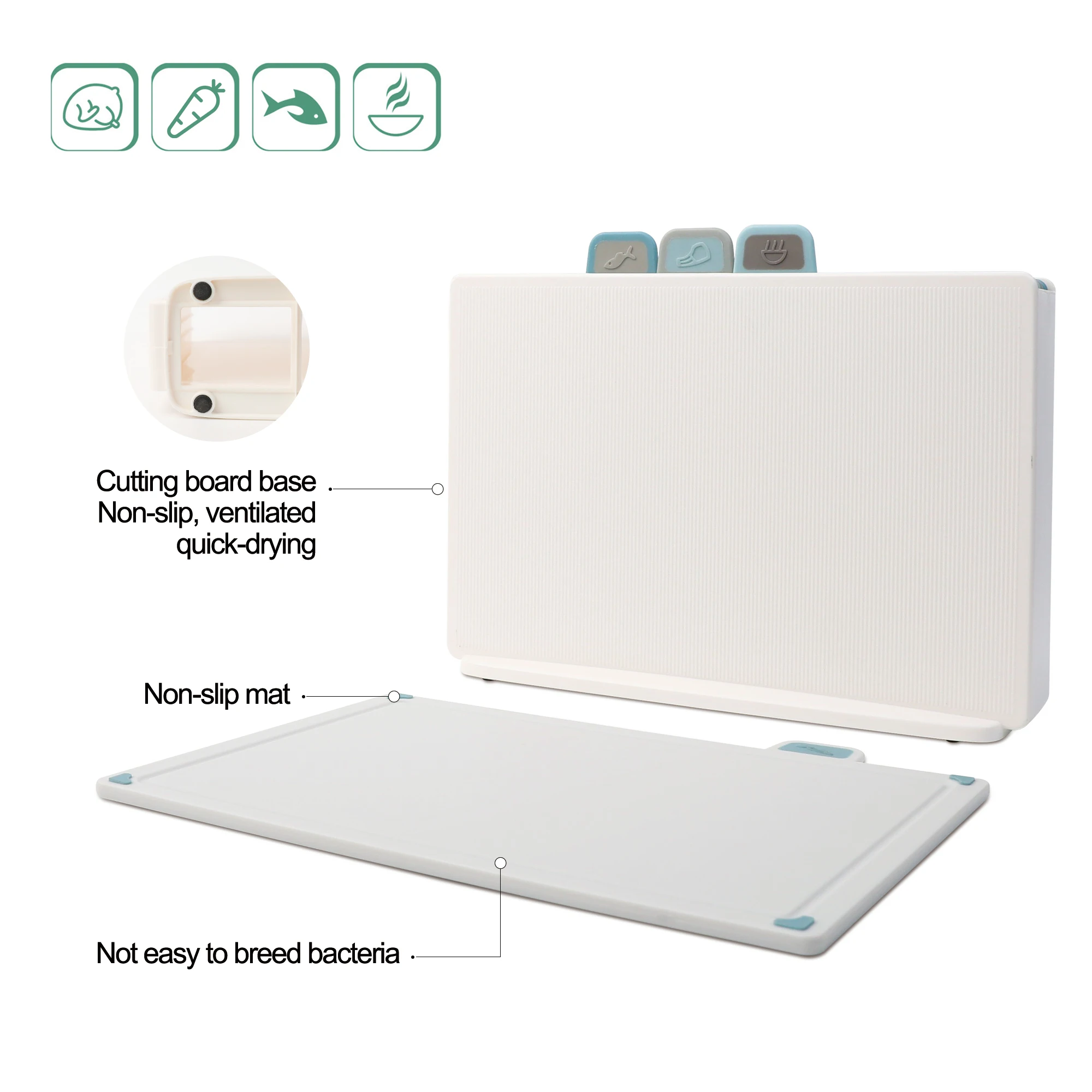 Multifunctional Vegetable Meat Board 4 In 1 Chopping Board with Food Icons Bpa Free Plastic Cutting Board Set with Holder