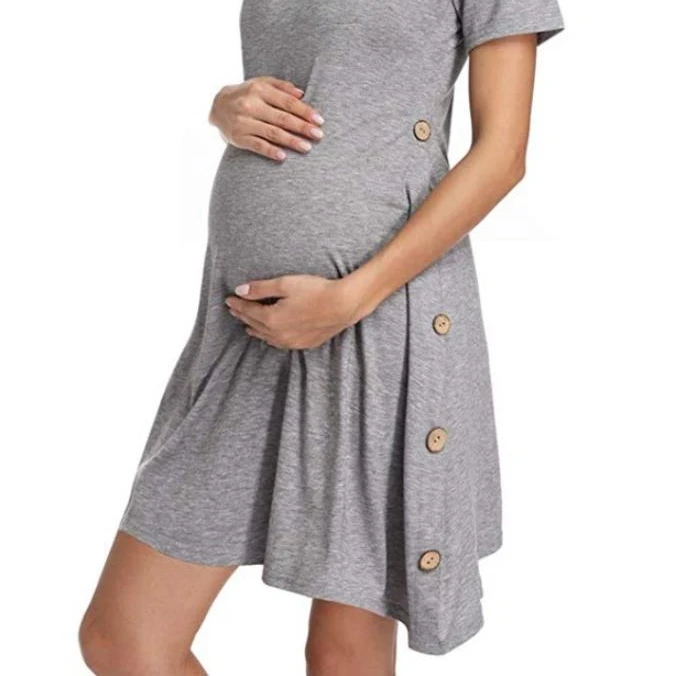 Best Selling Fashion Loose Comfortable Pregnant Women Dress Solid Color Short Sleeved Button Maternity Dress Clothing