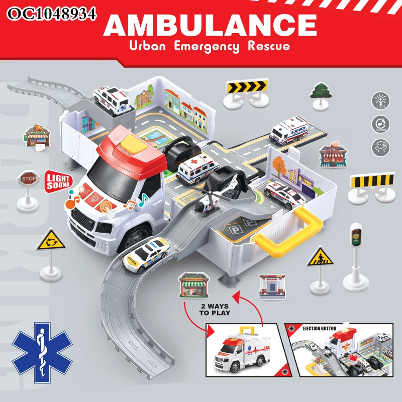 32pcs Ambulance deformed car track and parking lot garage toy set with light sound