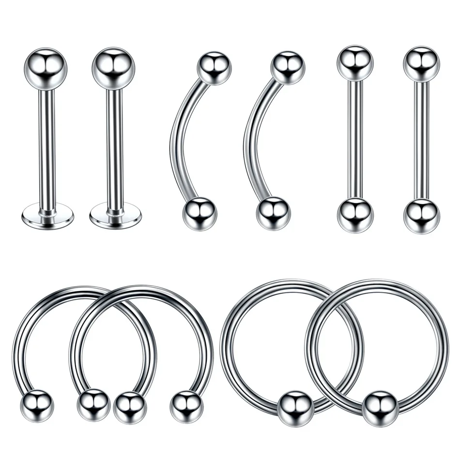 Nose and ear rings with 10 steel segments, lip, eyebrow, tongue, belly, ears, cartilage, cbr, body piercing jewelry, wholesale
