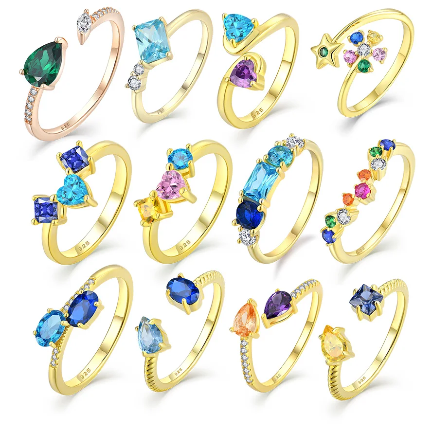 YILUN Rainbow Gemstone Stackable Rings Set 925 Silver Colorful CZ Fashion Layered Look Adjustable Bands Rings Jewelry for Women