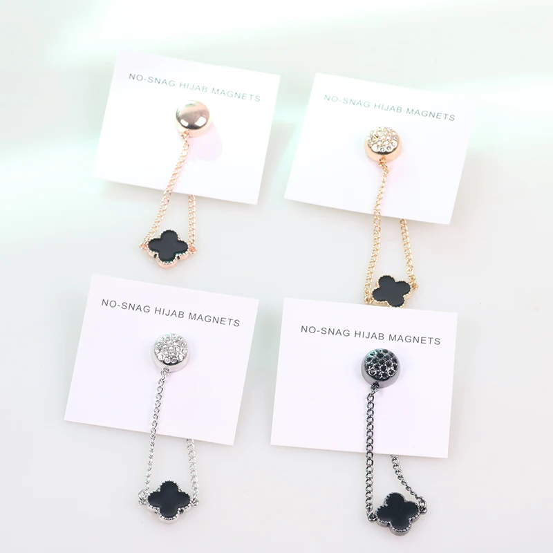 Factory Cheap Price Safety High Quality Magnet No-snag Hijab Pin Four-leaf Clover Chain Pins Magnetic Muslim Scarf Brooches