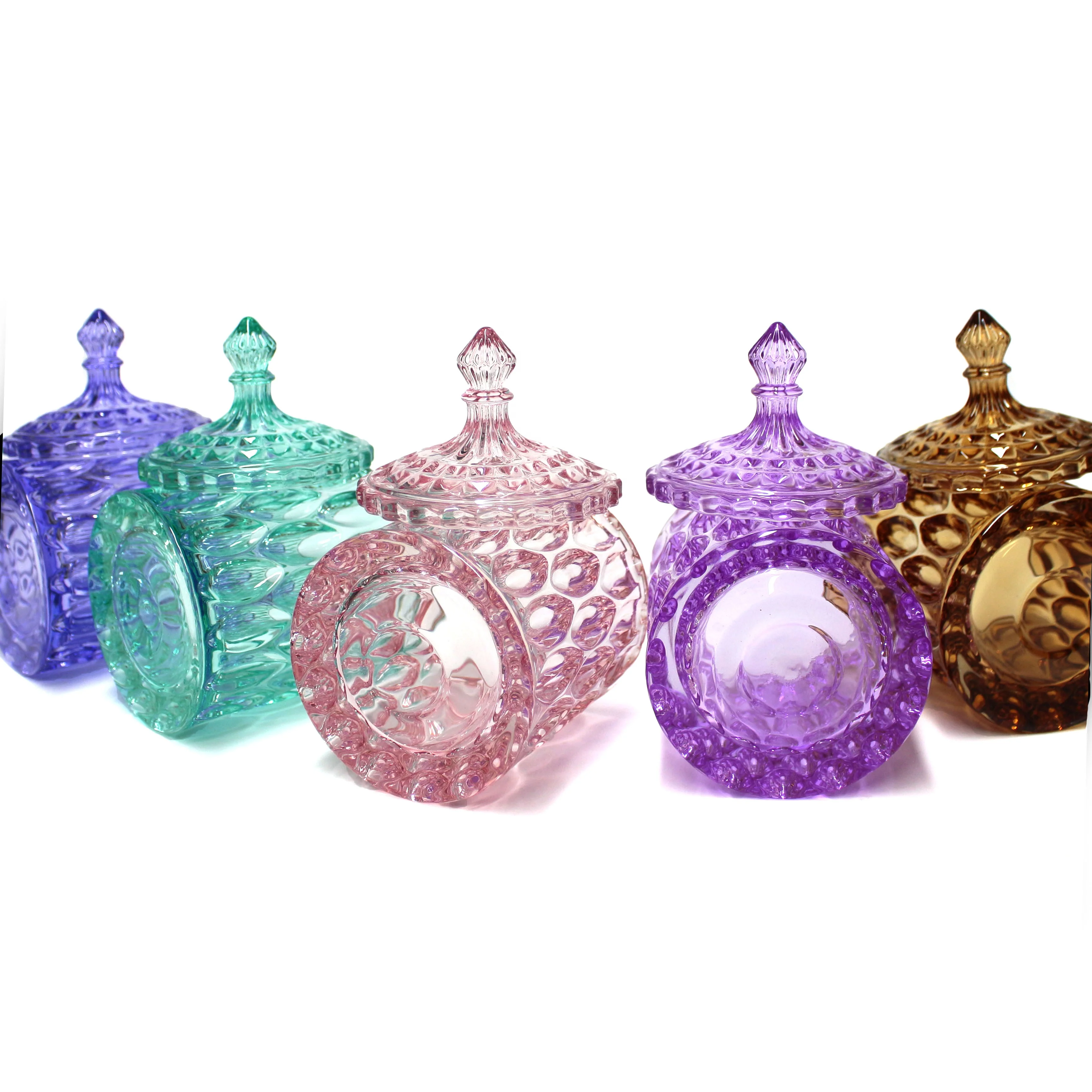 LANGXU high quality cylindrical short large capacity pink purple green candy jar with glass lid for food storage candy