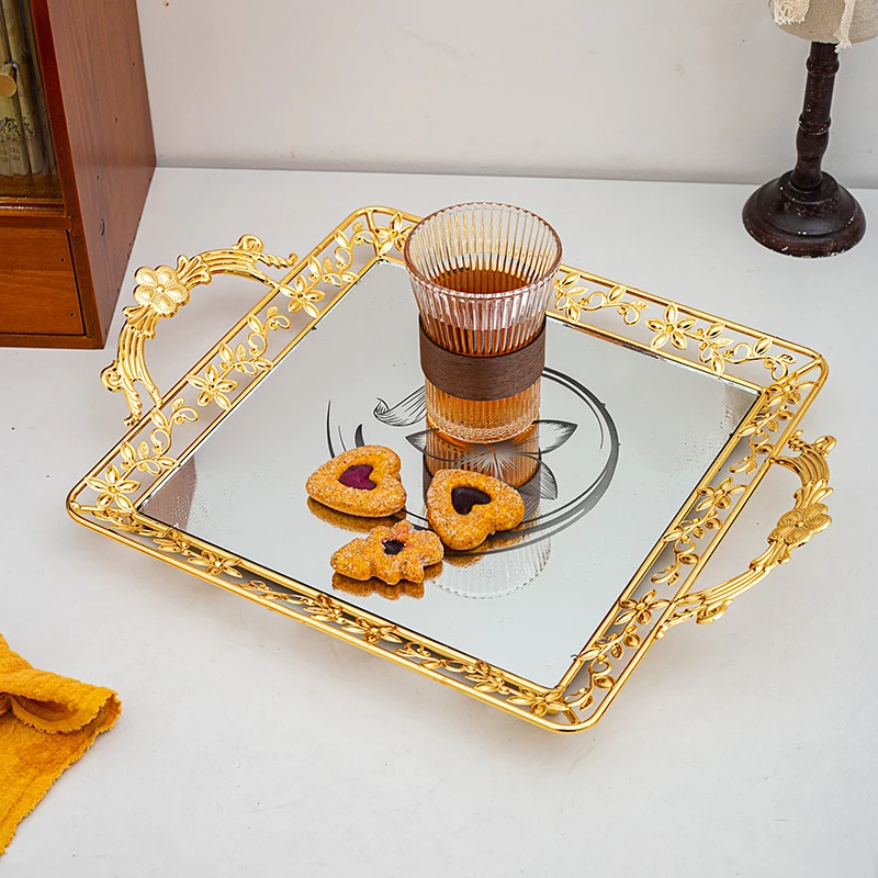 Rectangle Dove Ornament Arabic Style Luxury Wedding Gold Metal Fruit Serving Glass Vanity Mirror Bottom Tray with Handles