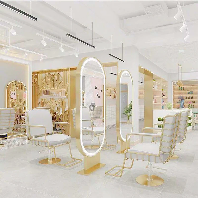 Gold Frame Salon Hairdressing Furniture Led Lamp Single Double Side Mirror Standing Wall Mounted Salon Furniture
