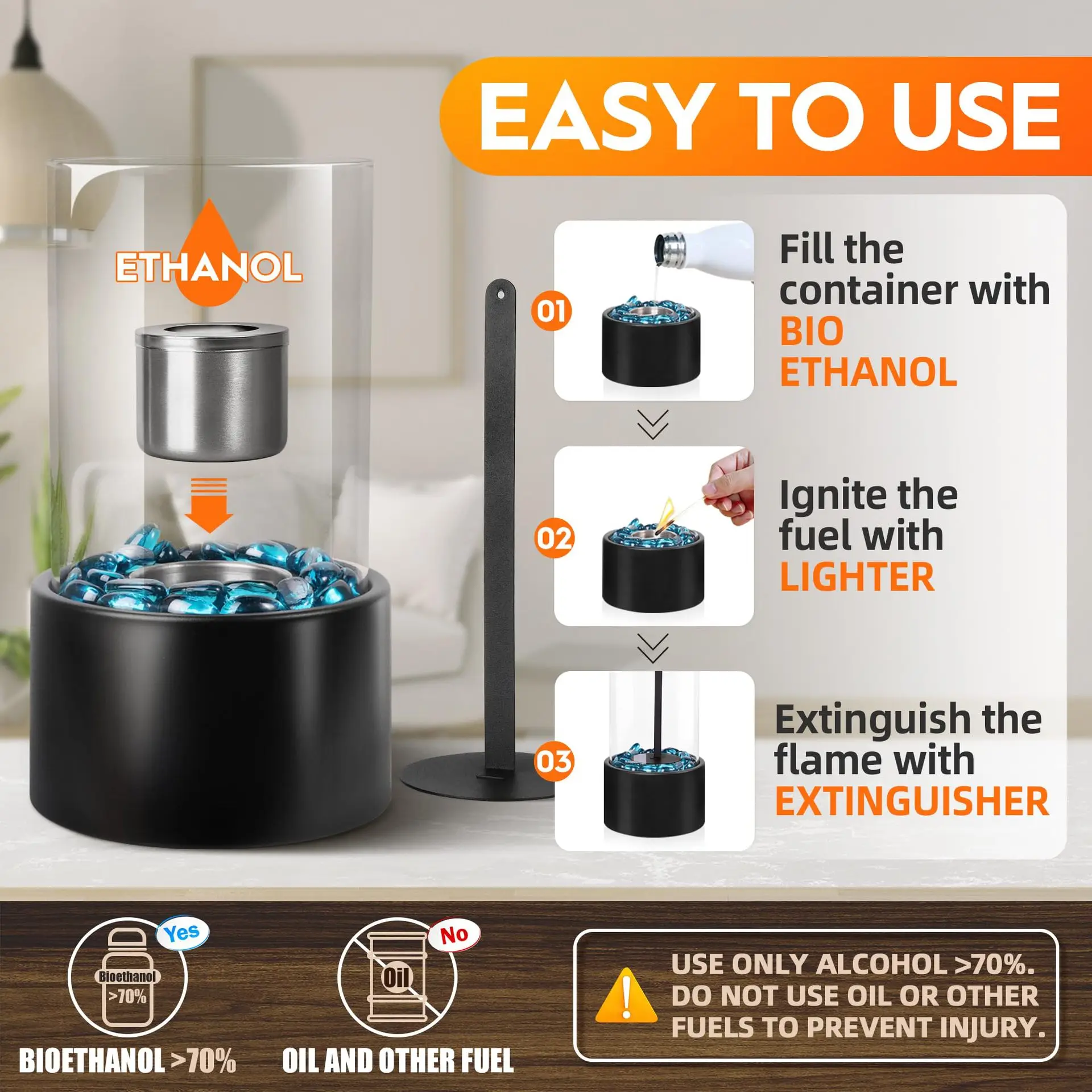 Desktop Metal Surround Round Tabletop Indoor Glass Table Outdoor Mini Tabletop Ethanol Bioethanol Fireplace