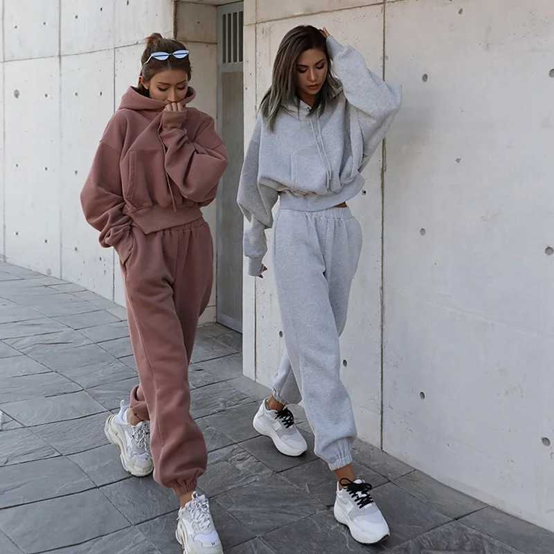 
 2021 jogger jumpers Custom  2 piece women set crop top oversize hoodie women sweatshirt  