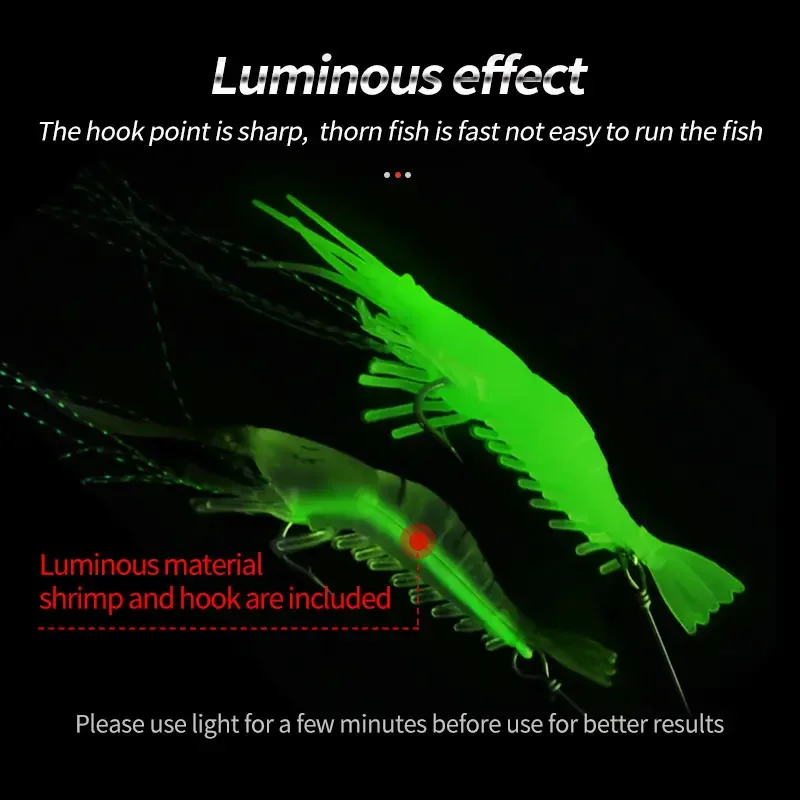 Winter Fishing Noctilucent Shrimp Sabiki Soft Plastic Lure with Luminous Bait Built-In Hook Carp Target River Trolling Action