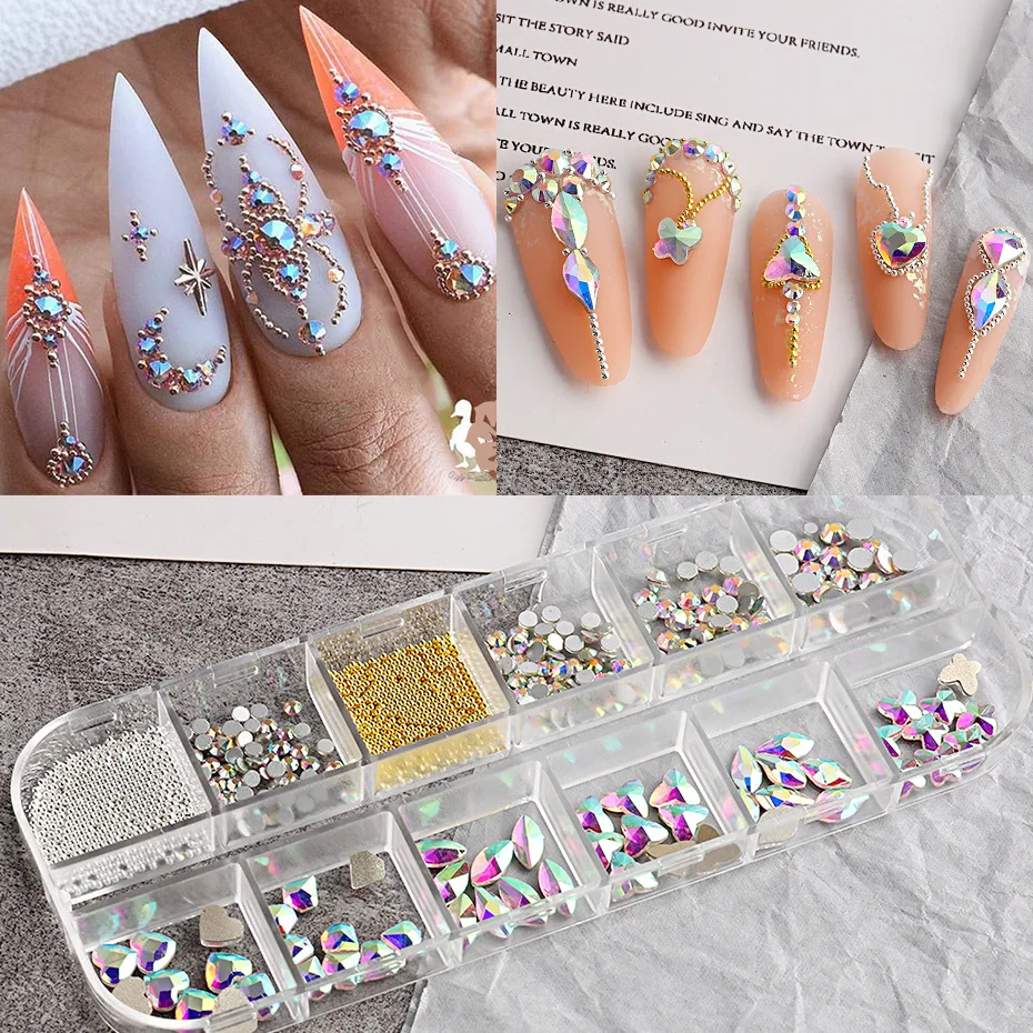 China Supplies Flatback Glass Stone Crystal AB Nail Charms  Steel Ball Jewelry Multi Shape Beads Gems Rhinestone For Nail Salon