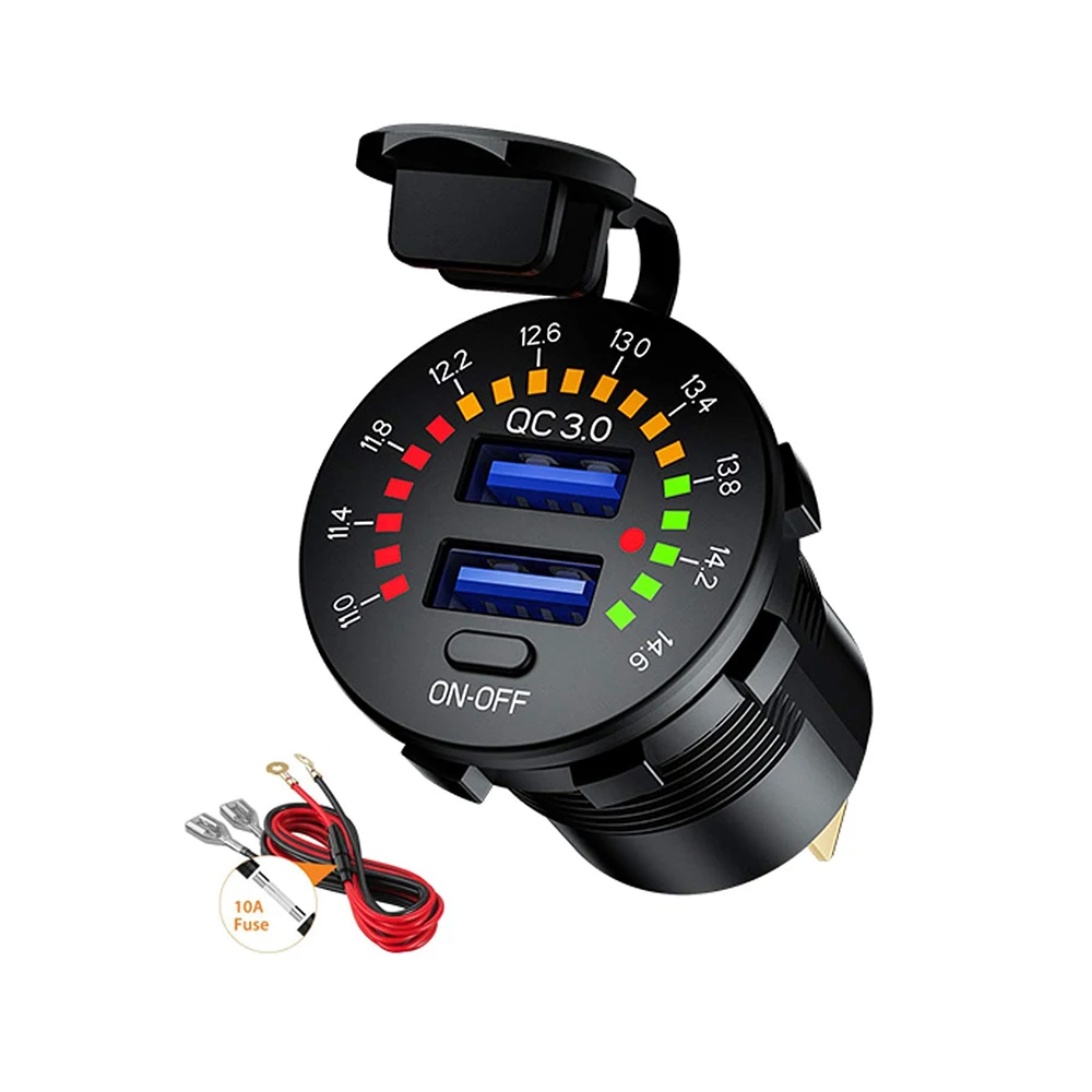 Colorful Ring Voletmeter 2 Port Dual QC3.0 USB Faster Car Charger 12V Waterproof Dust Cover USB Port With Switch ON OFF