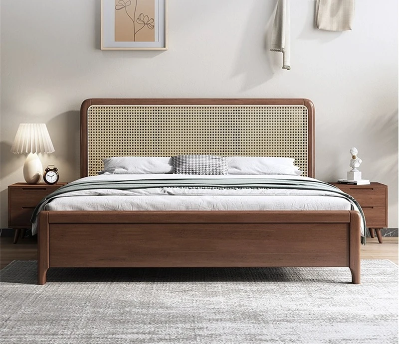 Nordic Solid Wood Rattan Simple French Japanese Style Bed Bed Room Furniture Hotel 1.8m Double Bed