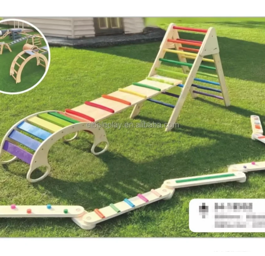 Rainbow Color Wooden Triangle Set With Ramp Montessori Foldable Climbing Triangle Set For Toddler