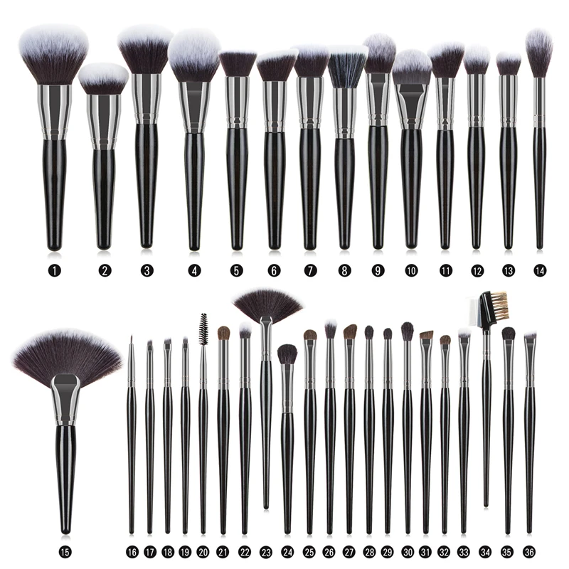 High End Black Luxury 36pcs Custom Logo Cosmetic Brush Wooden Handle Professional Buffer Makeup Brushes Set