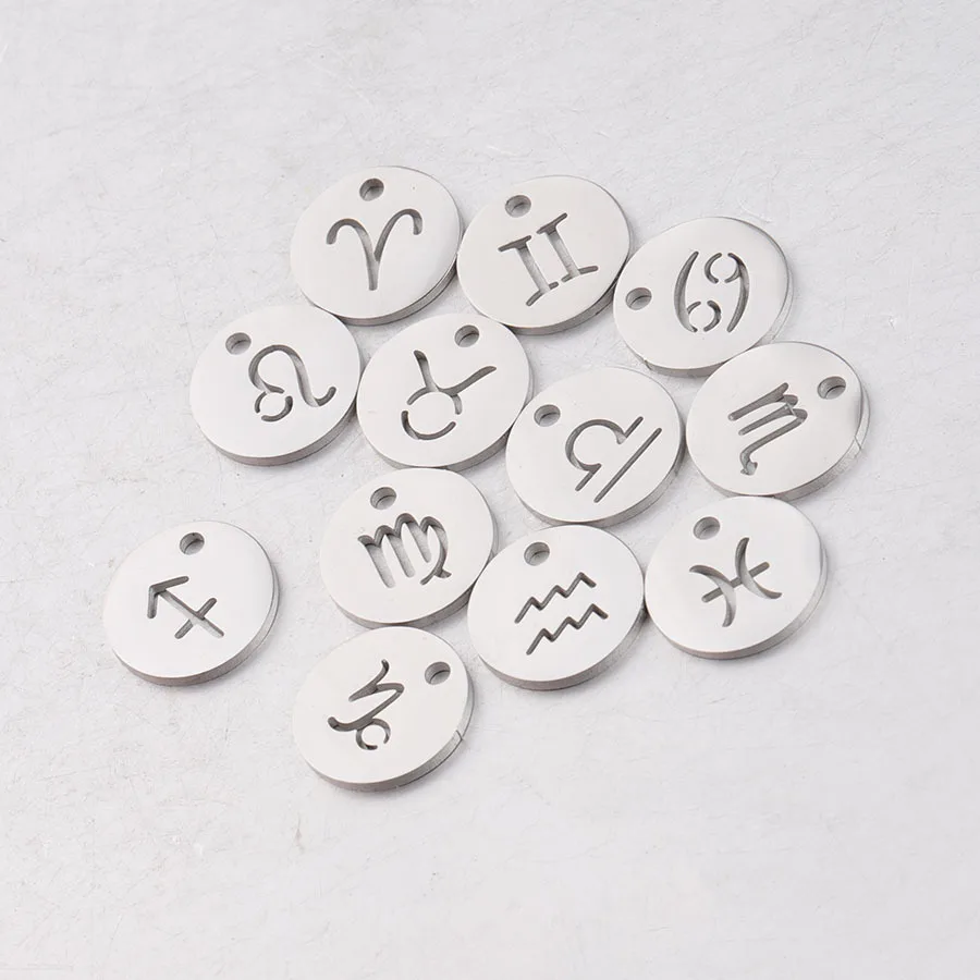 Оптовая продажа, подвеска на удачу, 12 знаков зодиака, созвездий, ювелирные изделия, зеркальный полированный кулон из нержавеющей стали для ожерелья, браслета, «сделай сам»