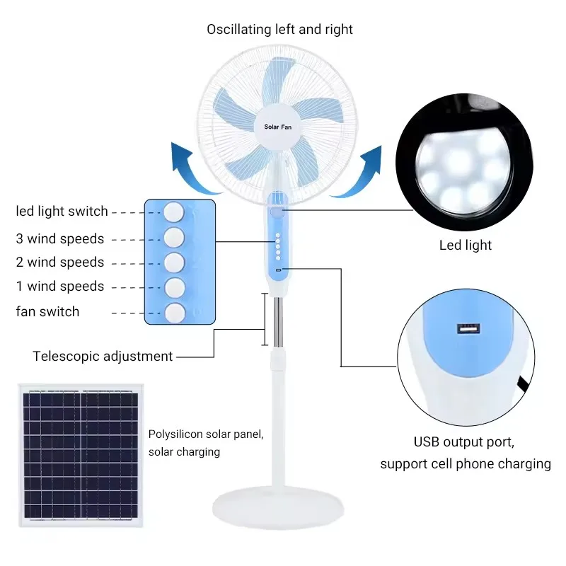 Manufacturers Custom High Quality Solar Standing Fan 16Inch 12V Rechargeable Solar Fan With Solar Panel